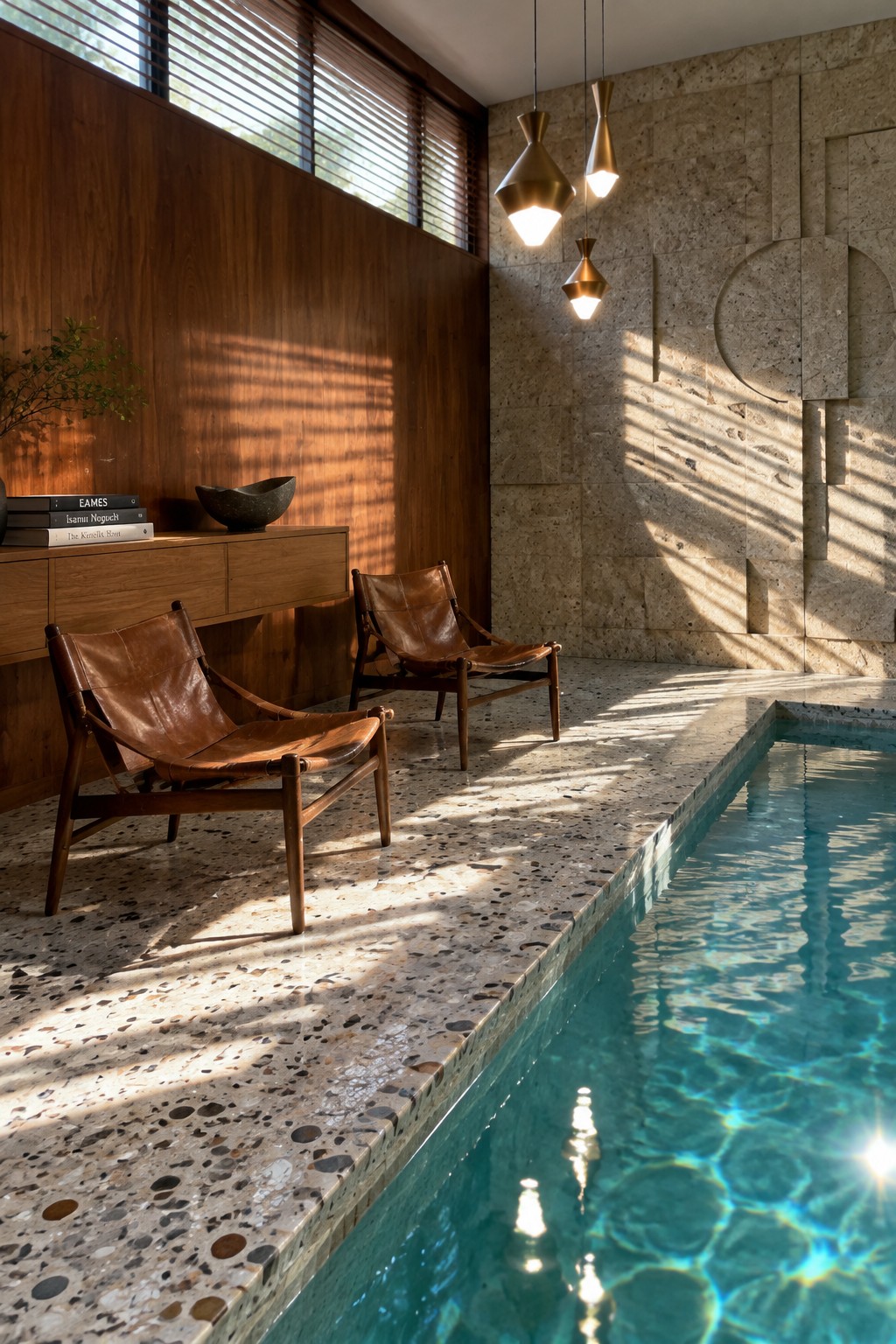 Indoor pool area with terrazzo floor, wood-paneled wall on the left, stone wall on the right, two leather sling chairs, and three brass pendant lights.
