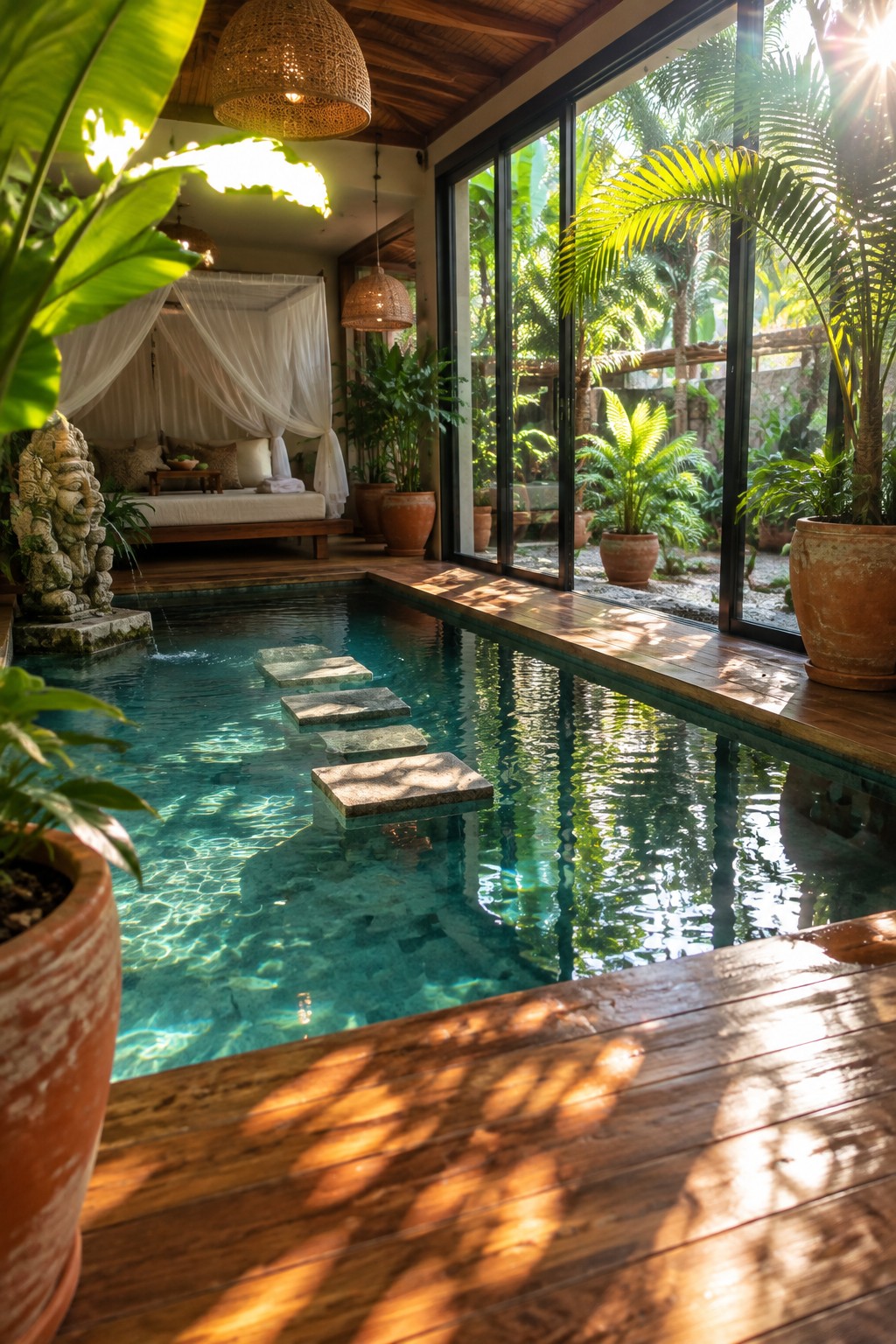 An indoor pool with rectangular stone stepping stones crossing the turquoise water, wood decking along the edges, and large glass doors opening to a garden.