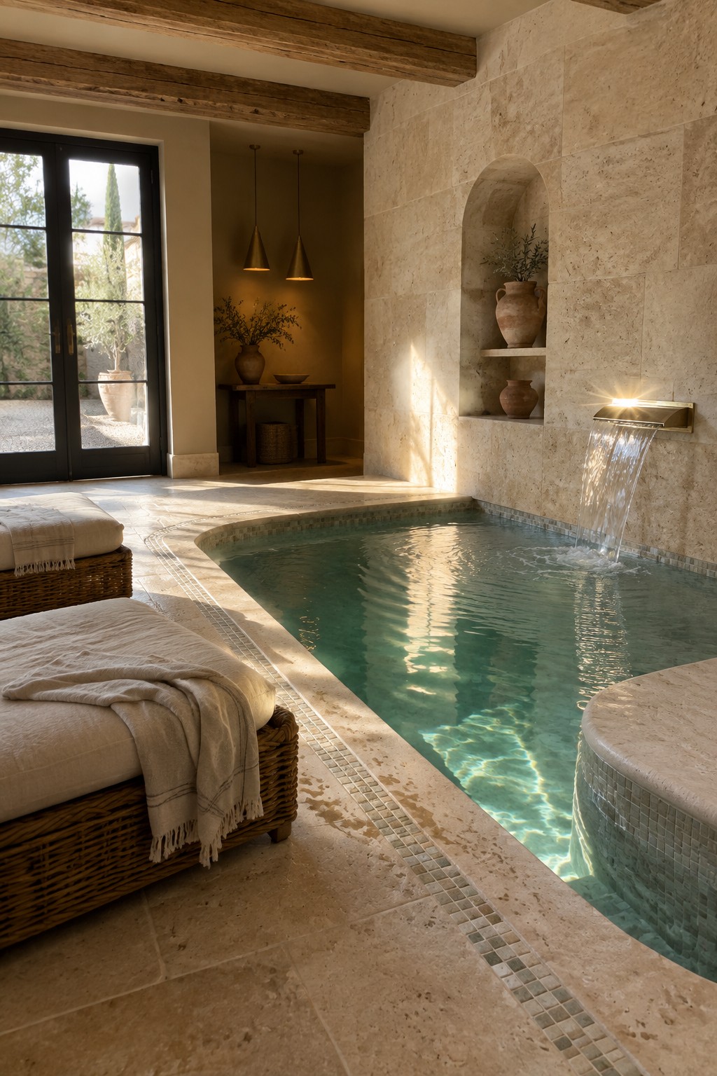 An indoor pool room with stone walls and flooring, wooden ceiling beams, a small waterfall feature, and two woven lounge chairs near the pool edge.