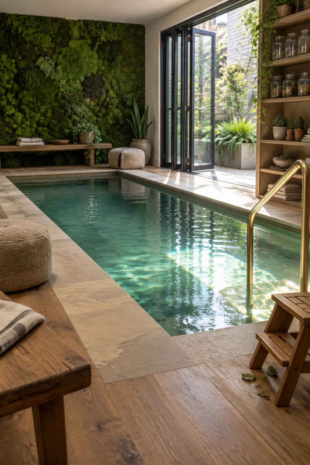 Indoor pool with turquoise water, living green moss wall, wooden floors, and open garden doors.