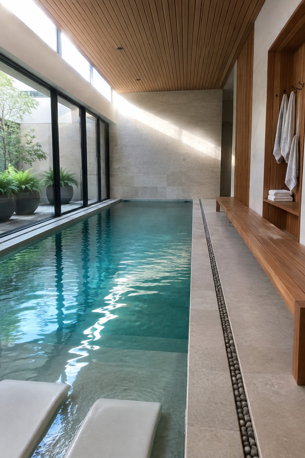 Modern indoor pool with sunlit turquoise water, stone tiles, wooden bench and towels