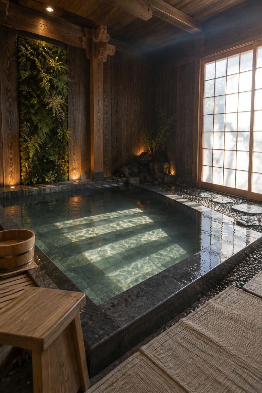 An indoor rectangular pool with dark stone borders, surrounded by vertical dark wood walls, a vertical garden on the left, and large shoji-style windows on the right.