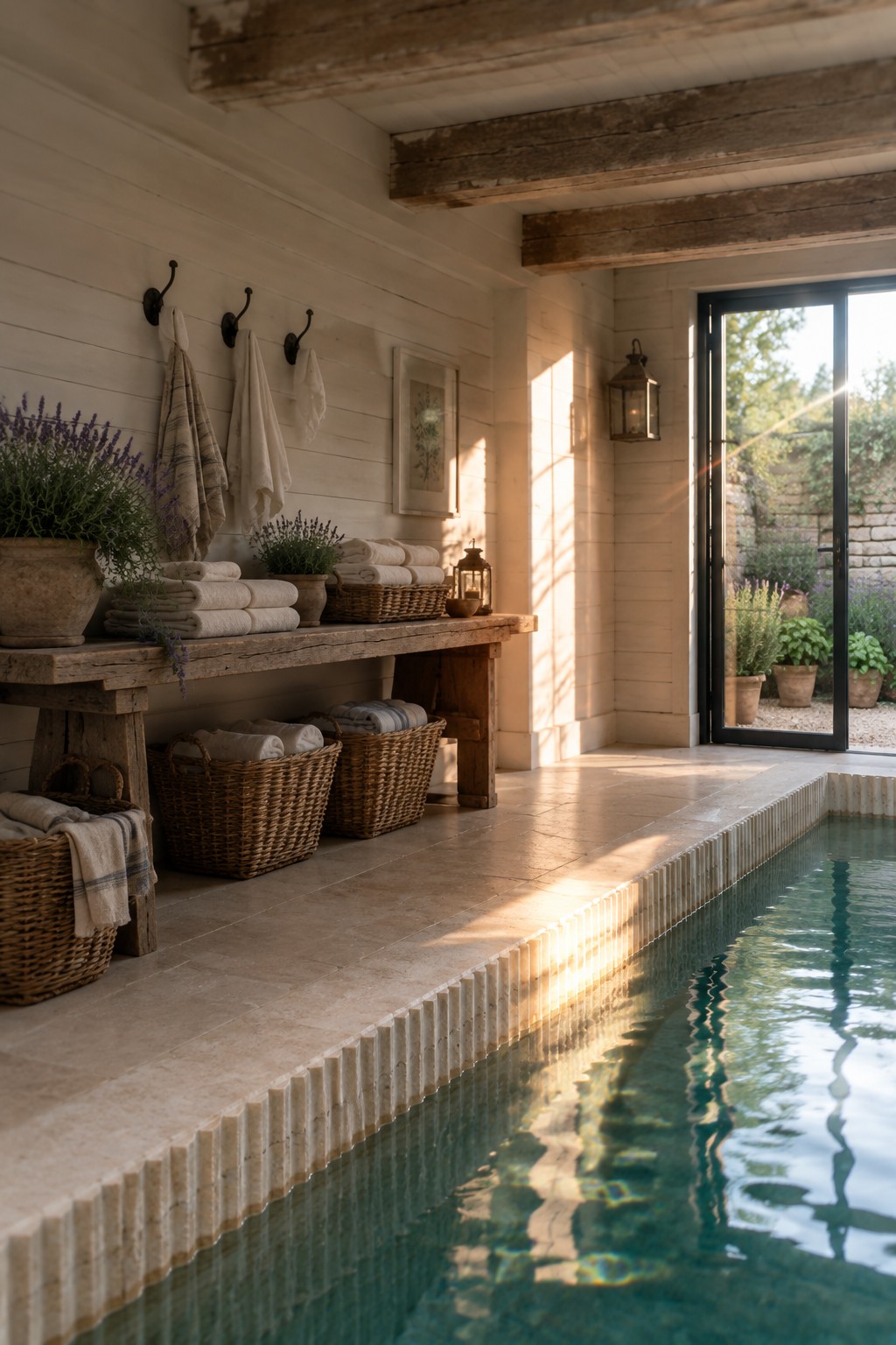Rustic indoor pool with wooden bench, stacked towels, wicker baskets, and potted lavender.
