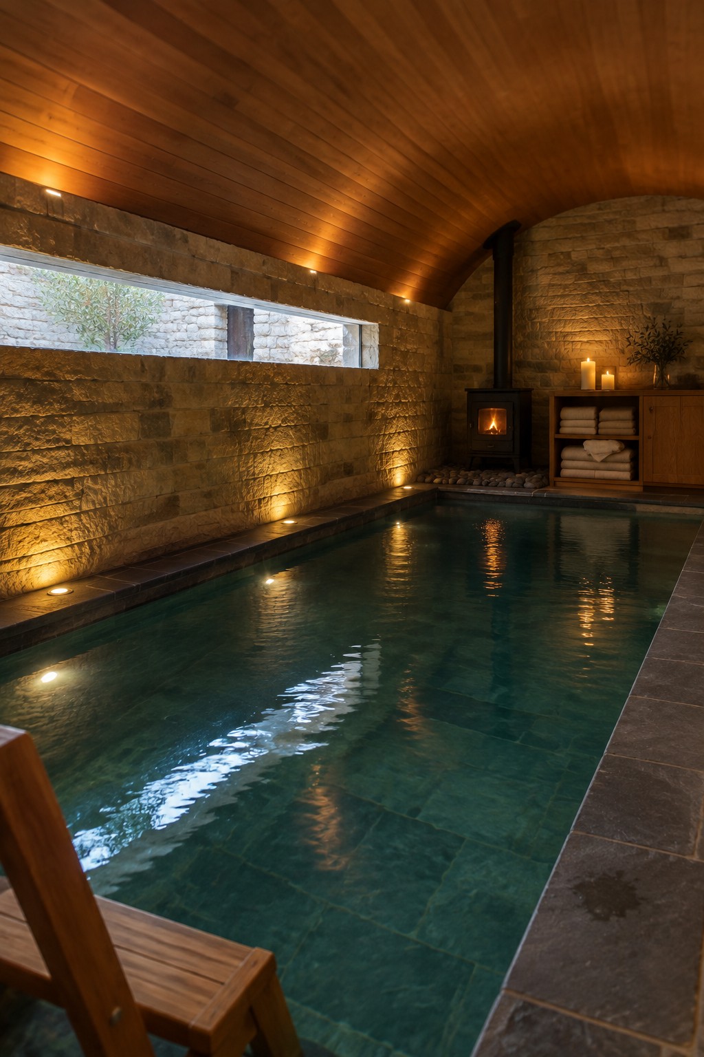 An indoor pool with green water, stone walls, a wooden ceiling, a wood stove, and a wooden bench in the foreground.
