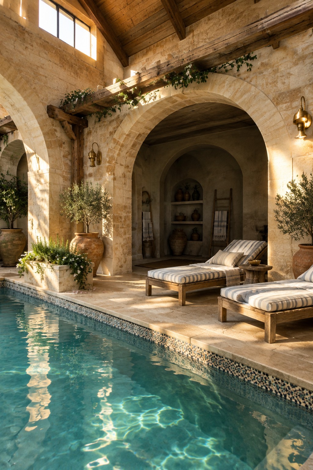 An indoor pool with stone arches, wooden ceiling beams, striped lounge chairs on the deck, and large potted plants along the edge.