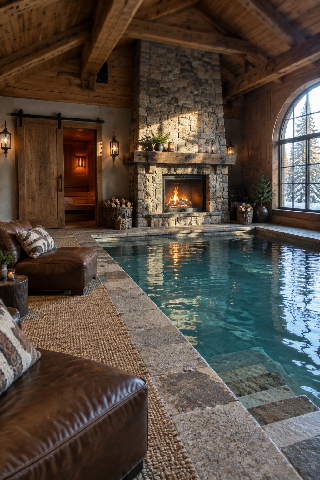 An indoor pool with a large stone fireplace, wooden ceiling beams, leather seating, and stone decking along the water's edge.