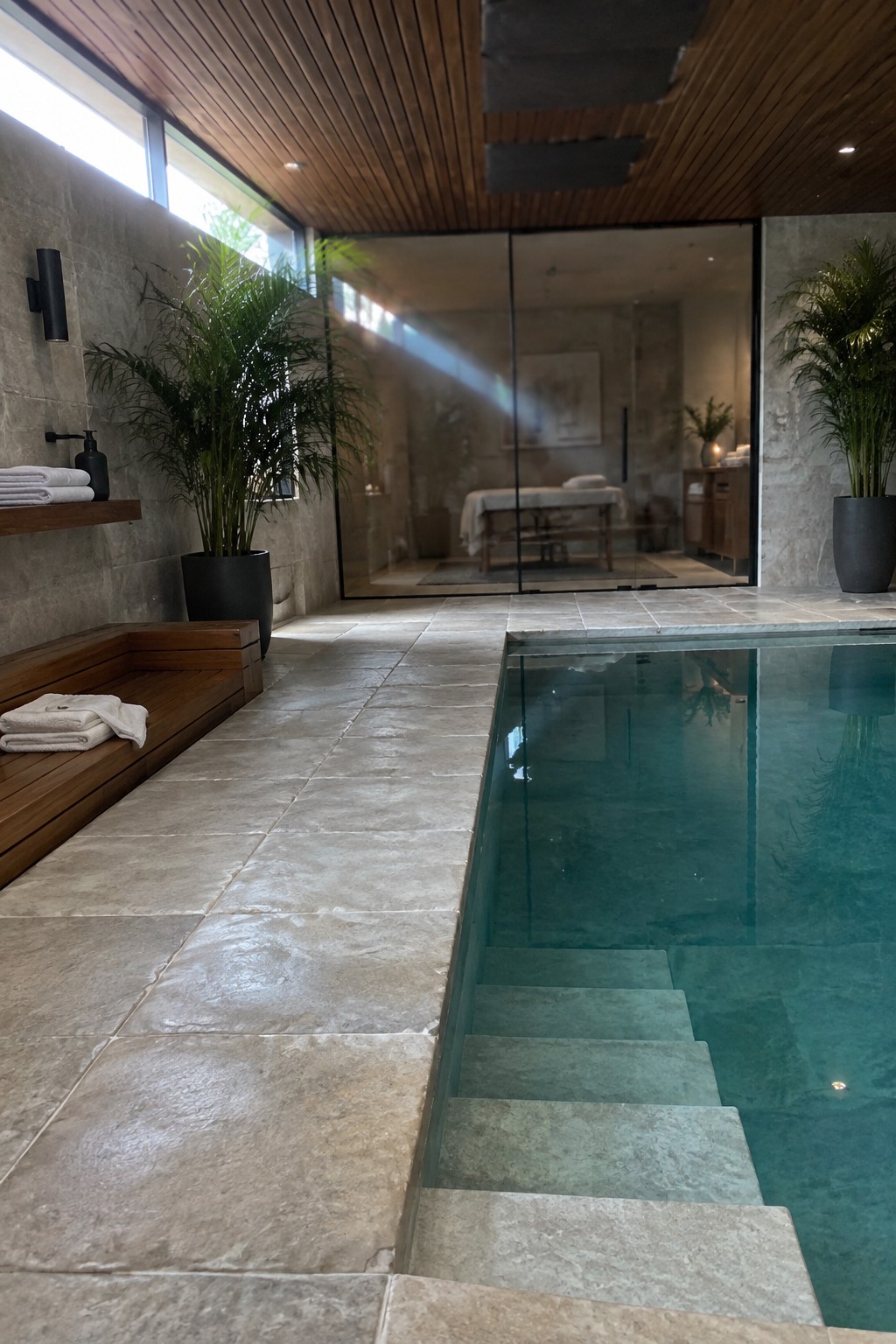 An indoor pool with large stone tiles, submerged steps, a wooden bench holding folded towels, and potted plants near glass doors leading to another room.