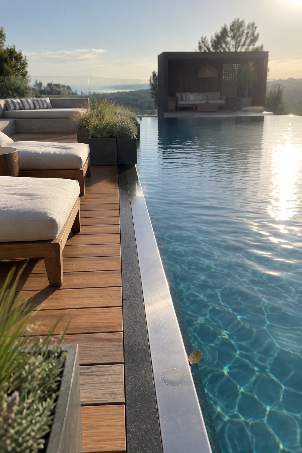 18 Distinctive Infinity Pool Edge Details Featuring Refined Coping Designs Luxury infinity pool with lounge chairs on wooden deck overlooking hills at sunset