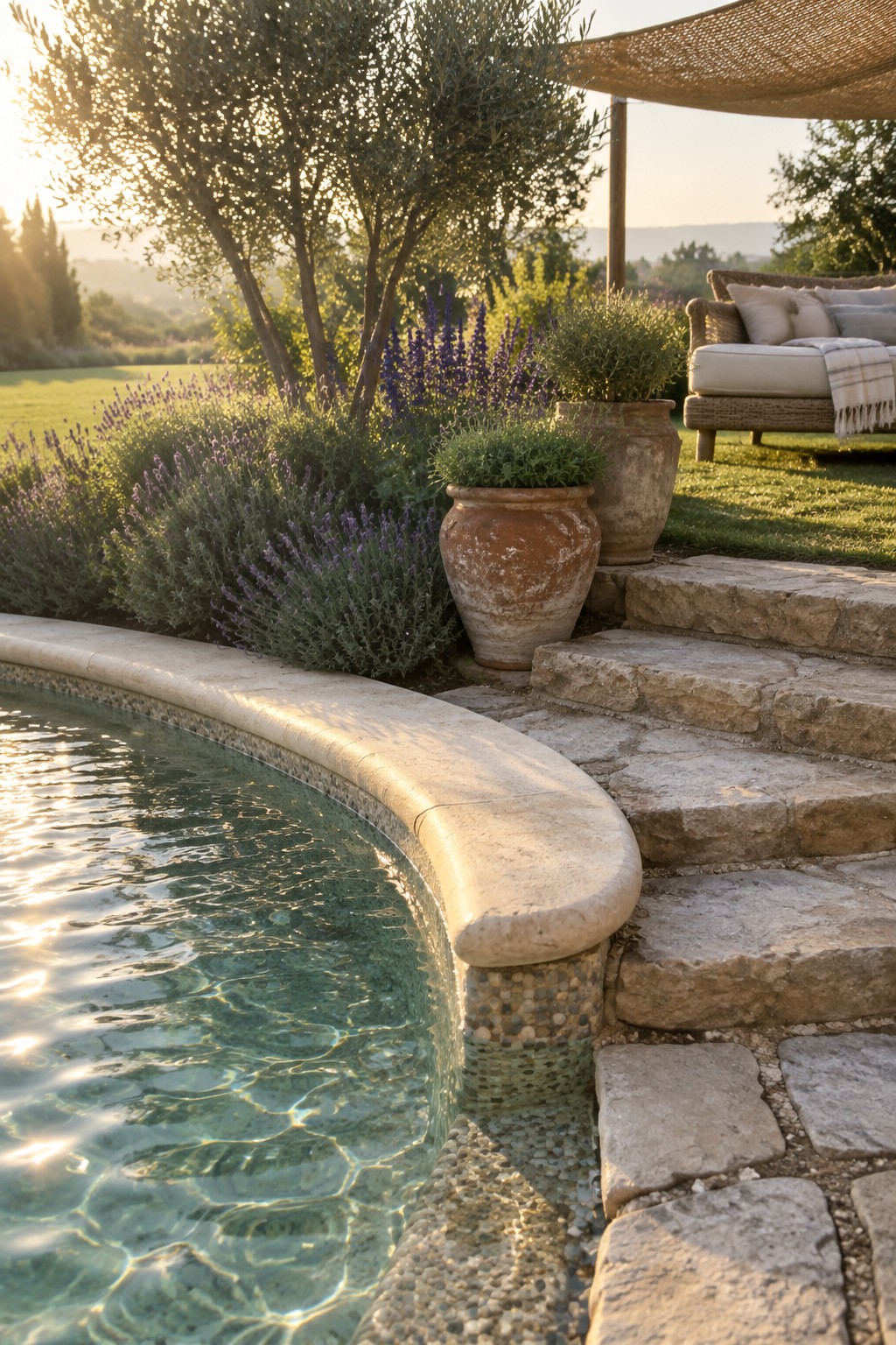 18 Distinctive Infinity Pool Edge Details Featuring Refined Coping Designs A curved light stone coping edge on an infinity pool beside stone steps, with terracotta pots and lavender bushes in the garden.