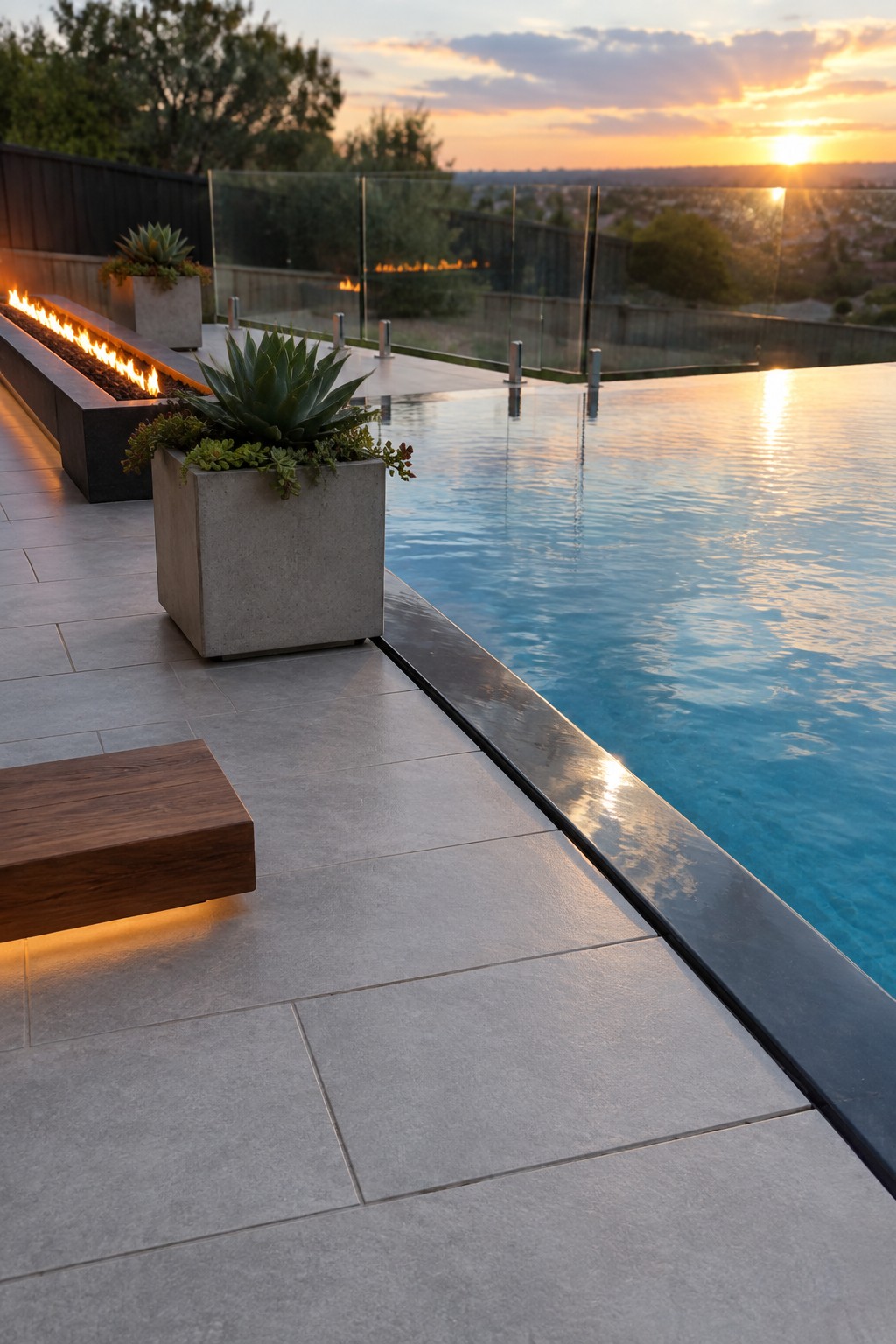 18 Distinctive Infinity Pool Edge Details Featuring Refined Coping Designs An infinity pool with dark coping along the edge, light gray tiled deck, concrete planters with succulents, and a fire feature in the background at sunset.