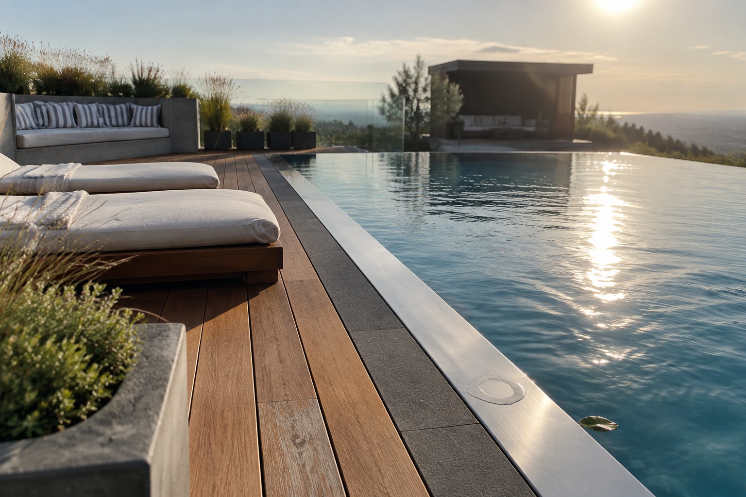 Luxury infinity pool with lounge chairs on wooden deck overlooking hills at sunset