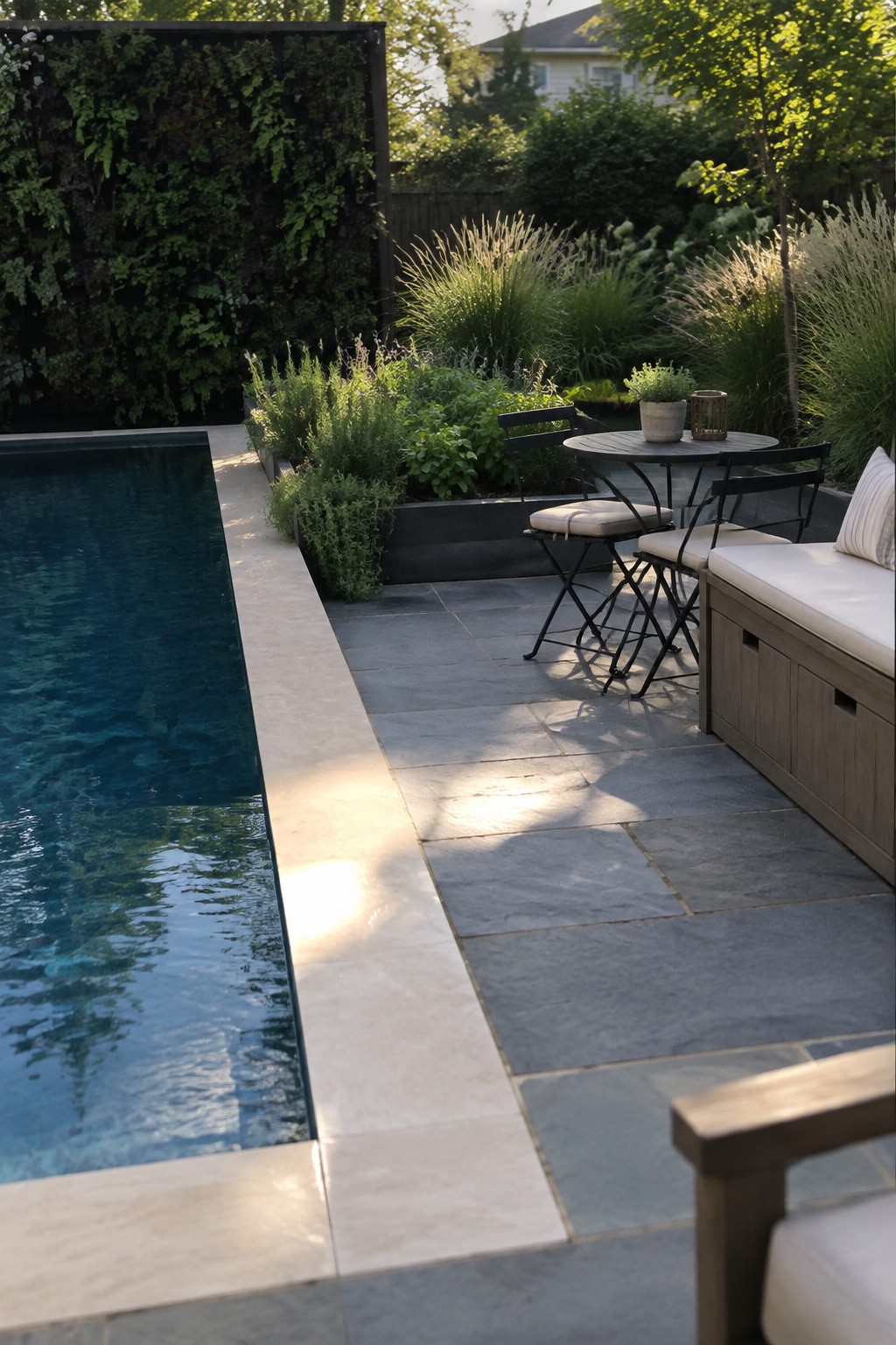 18 Distinctive Infinity Pool Edge Details Featuring Refined Coping Designs Swimming pool beside gray slate patio with black dining set and vertical garden wall