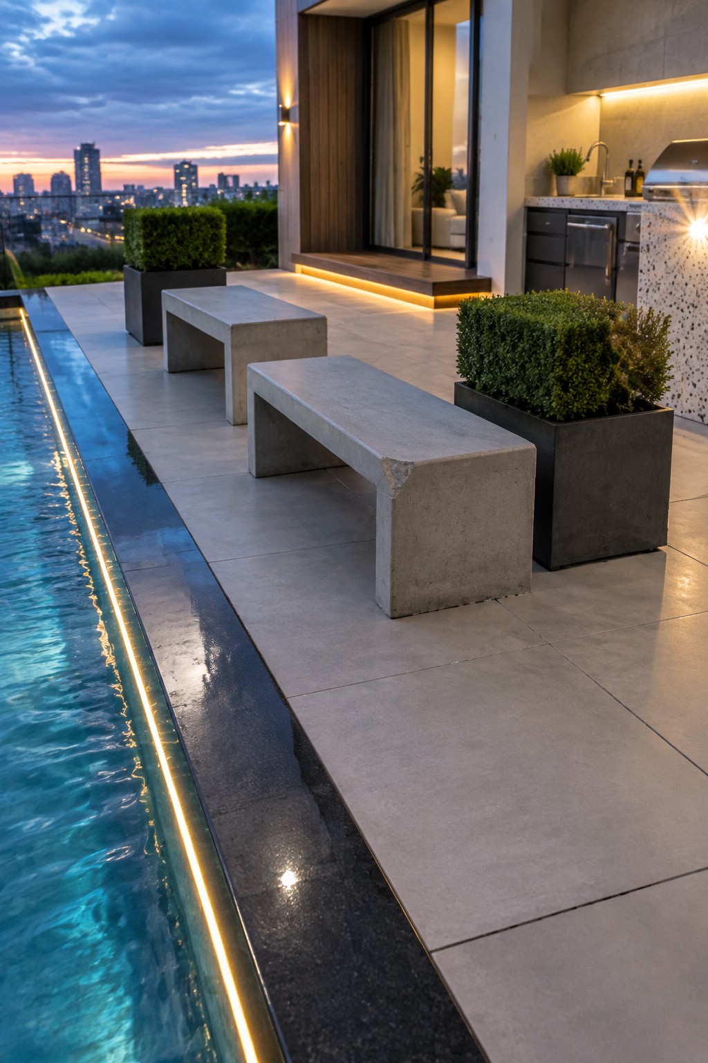 18 Distinctive Infinity Pool Edge Details Featuring Refined Coping Designs A modern infinity pool on a rooftop terrace with a glowing linear light embedded in the dark coping, concrete benches, and large planters overlooking a city skyline at dusk.