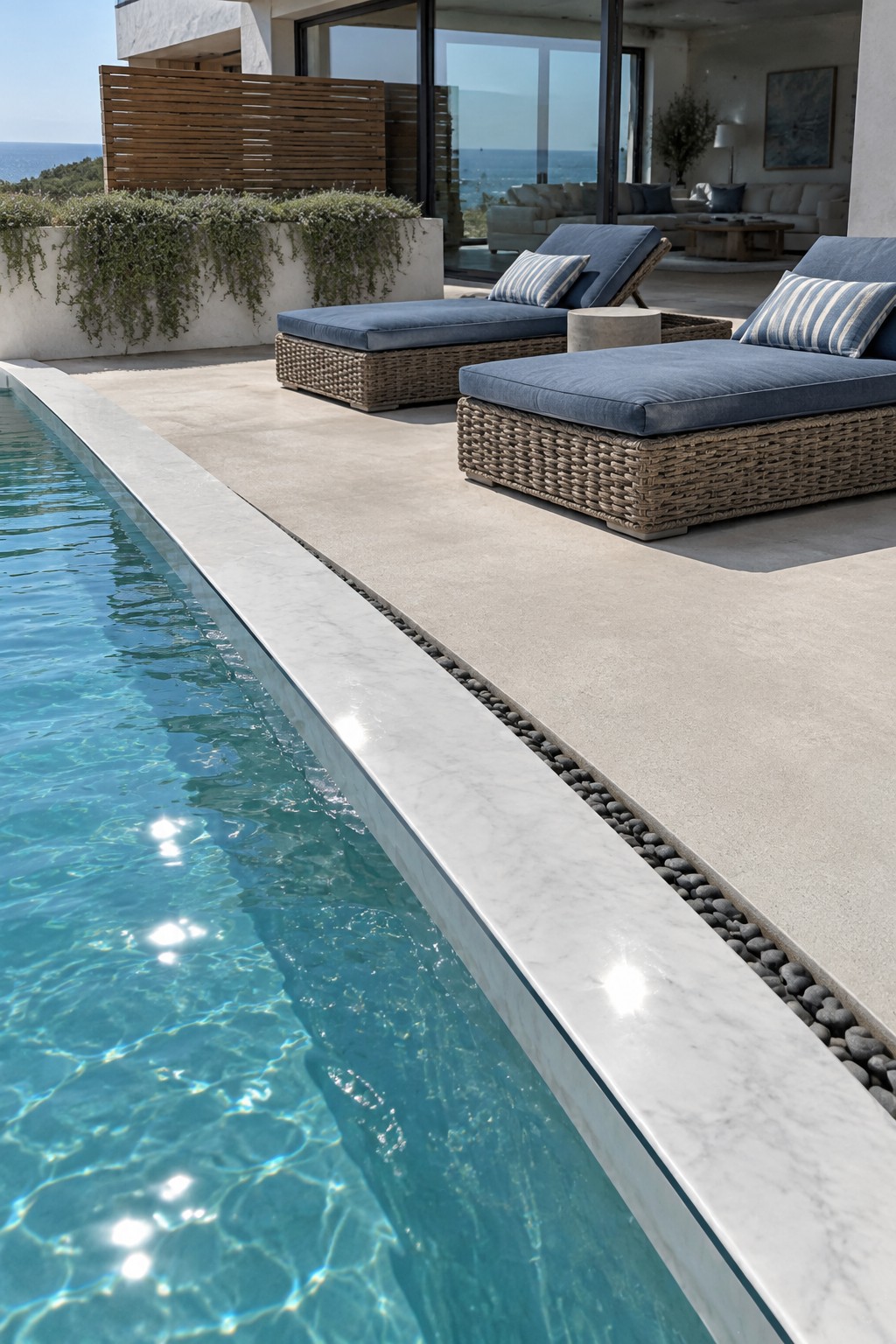 18 Distinctive Infinity Pool Edge Details Featuring Refined Coping Designs Infinity pool with white marble coping along the edge, blue cushioned lounge chairs on a light patio, and ocean view in the background.