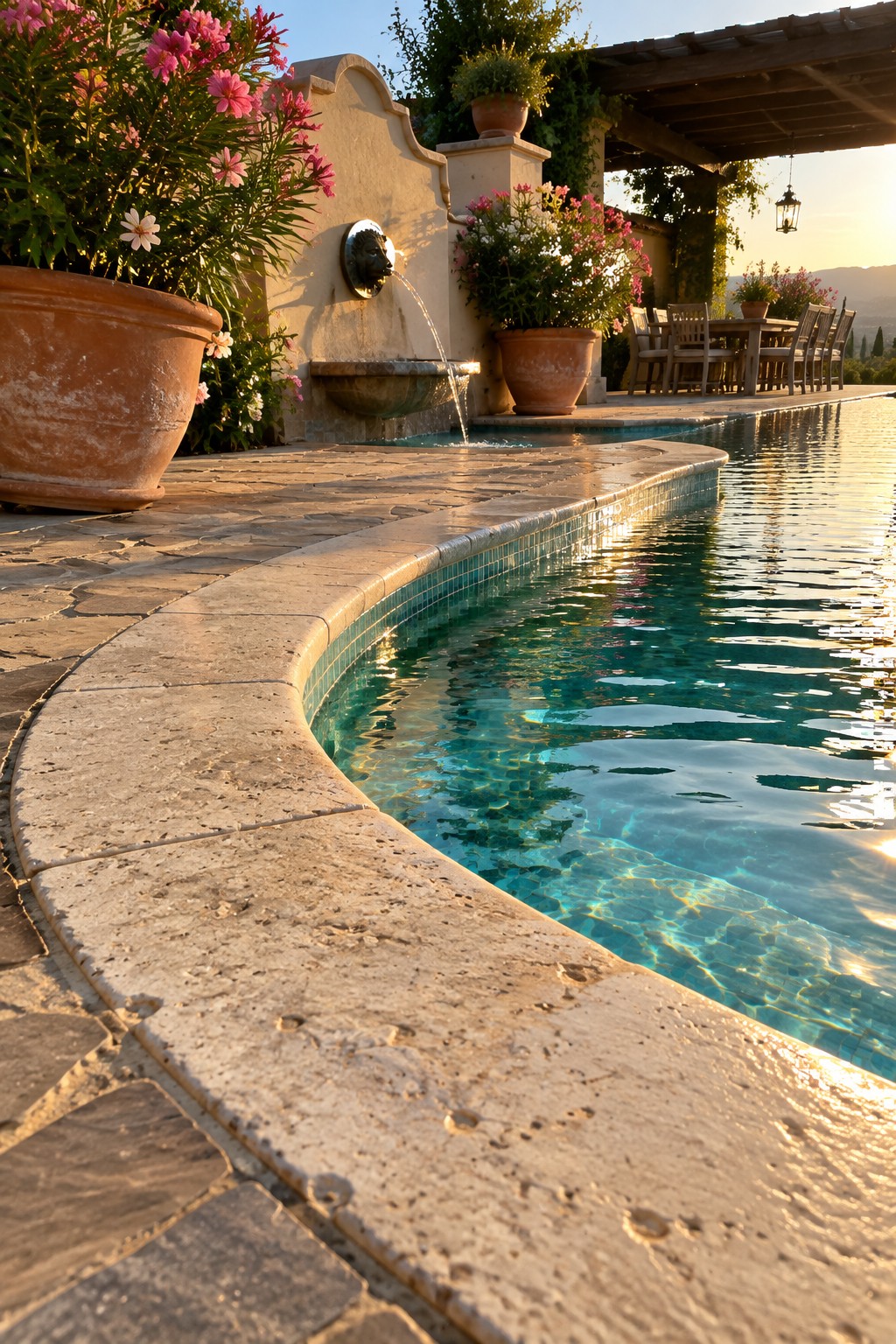 18 Distinctive Infinity Pool Edge Details Featuring Refined Coping Designs A curved swimming pool with light stone coping, turquoise water, and a wall fountain on an adjacent stone patio.