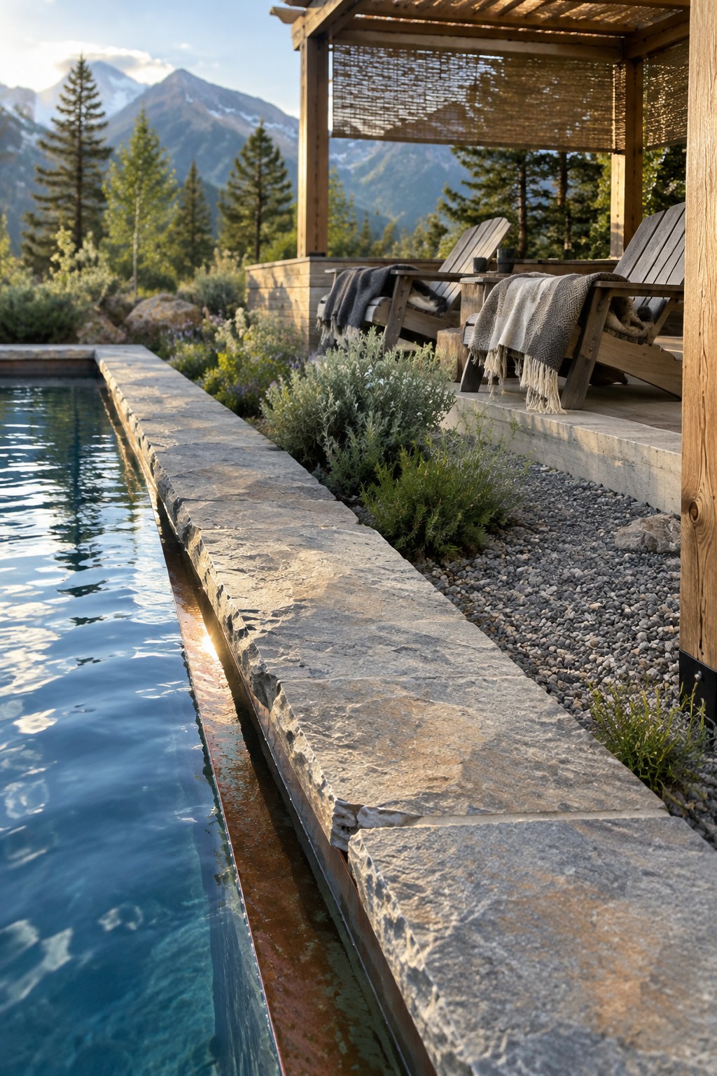 18 Distinctive Infinity Pool Edge Details Featuring Refined Coping Designs Stone-edged pool beside wooden chairs under pergola overlooking mountain landscape at sunset.