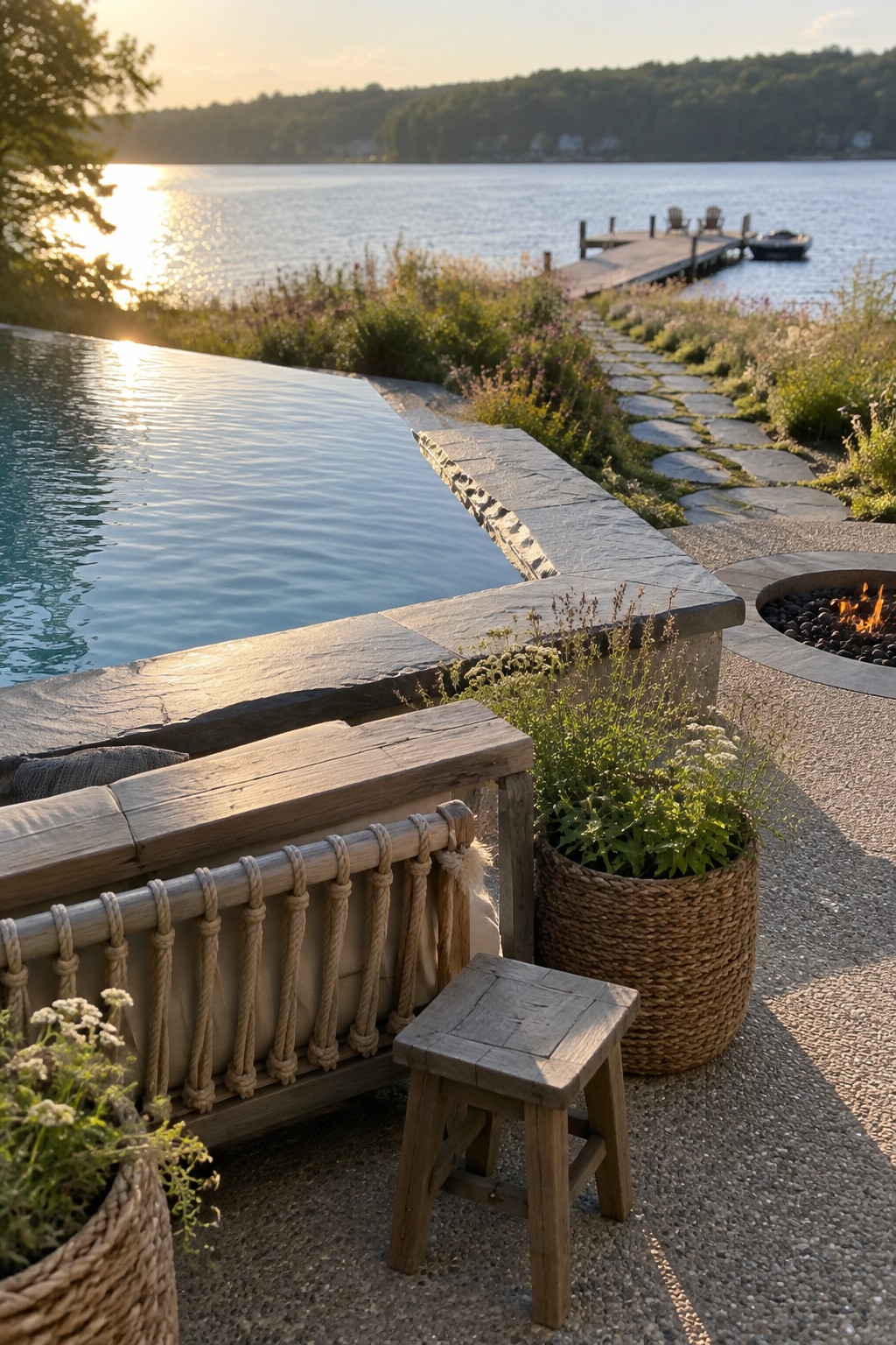 18 Distinctive Infinity Pool Edge Details Featuring Refined Coping Designs Lakeside infinity pool at sunset with wooden bench, fire pit, and dock path