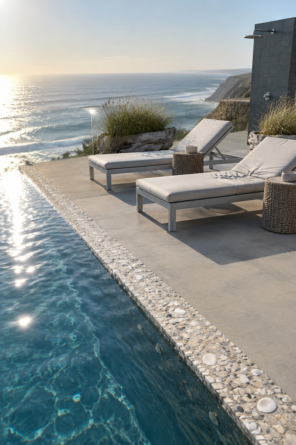 18 Distinctive Infinity Pool Edge Details Featuring Refined Coping Designs An infinity pool with pebble stone coping along the edge, two lounge chairs on a concrete deck, and an ocean view beyond.