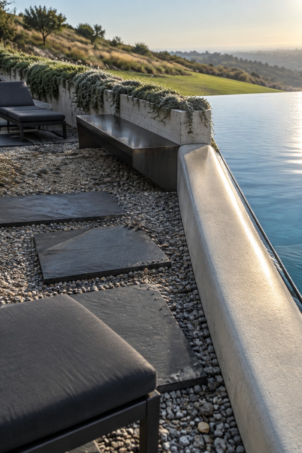18 Distinctive Infinity Pool Edge Details Featuring Refined Coping Designs An infinity pool with thick rounded concrete coping along the edge, gravel ground cover, dark stone pavers, and outdoor lounge seating on a hillside.
