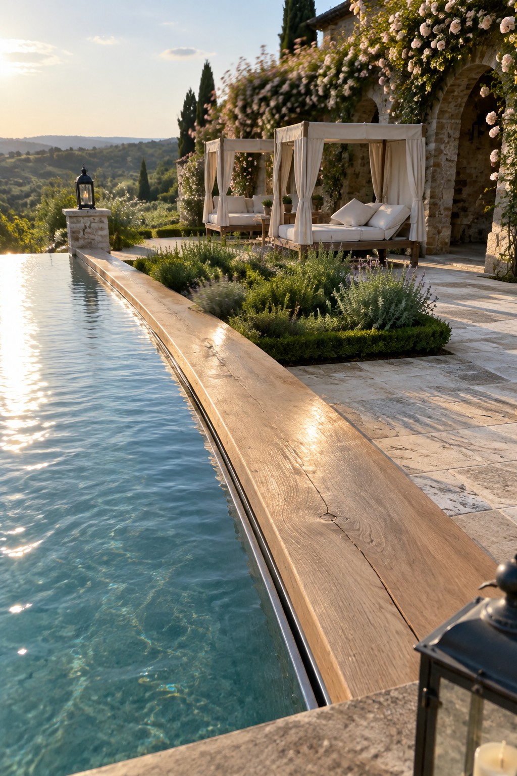 18 Distinctive Infinity Pool Edge Details Featuring Refined Coping Designs An infinity pool with a long wooden coping edge beside a stone patio, with cabanas, lanterns, and garden beds visible in the background.