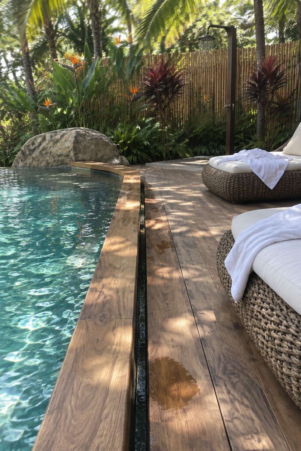 18 Distinctive Infinity Pool Edge Details Featuring Refined Coping Designs Tropical pool with wooden edge, outdoor shower, woven lounge chairs, and lush greenery.