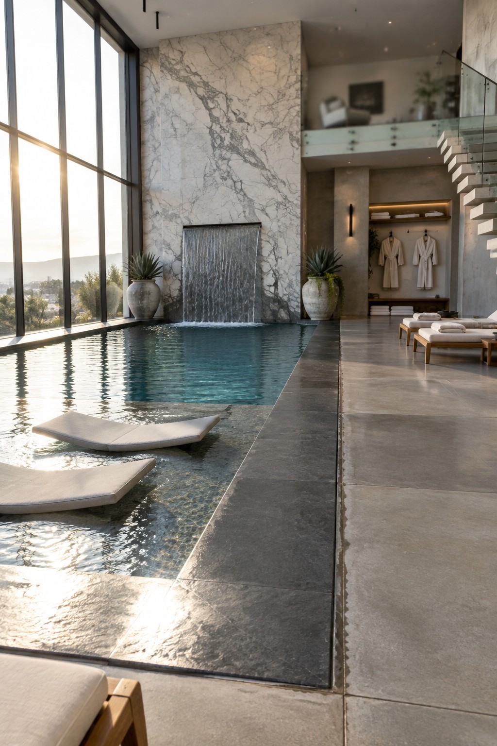 An indoor pool room features a tall waterfall cascading down a marble wall into a long pool, with floating lounge chairs partially submerged and large windows along one side.