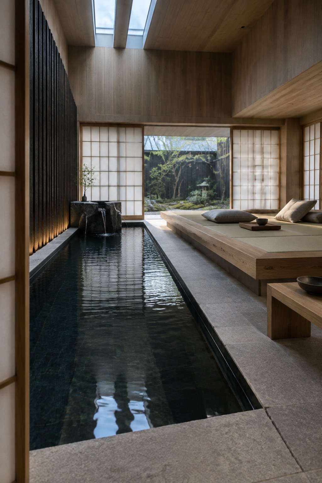 An indoor lap pool with dark water runs beside a raised wooden platform holding cushions and a small table, with shoji screens and skylights above.