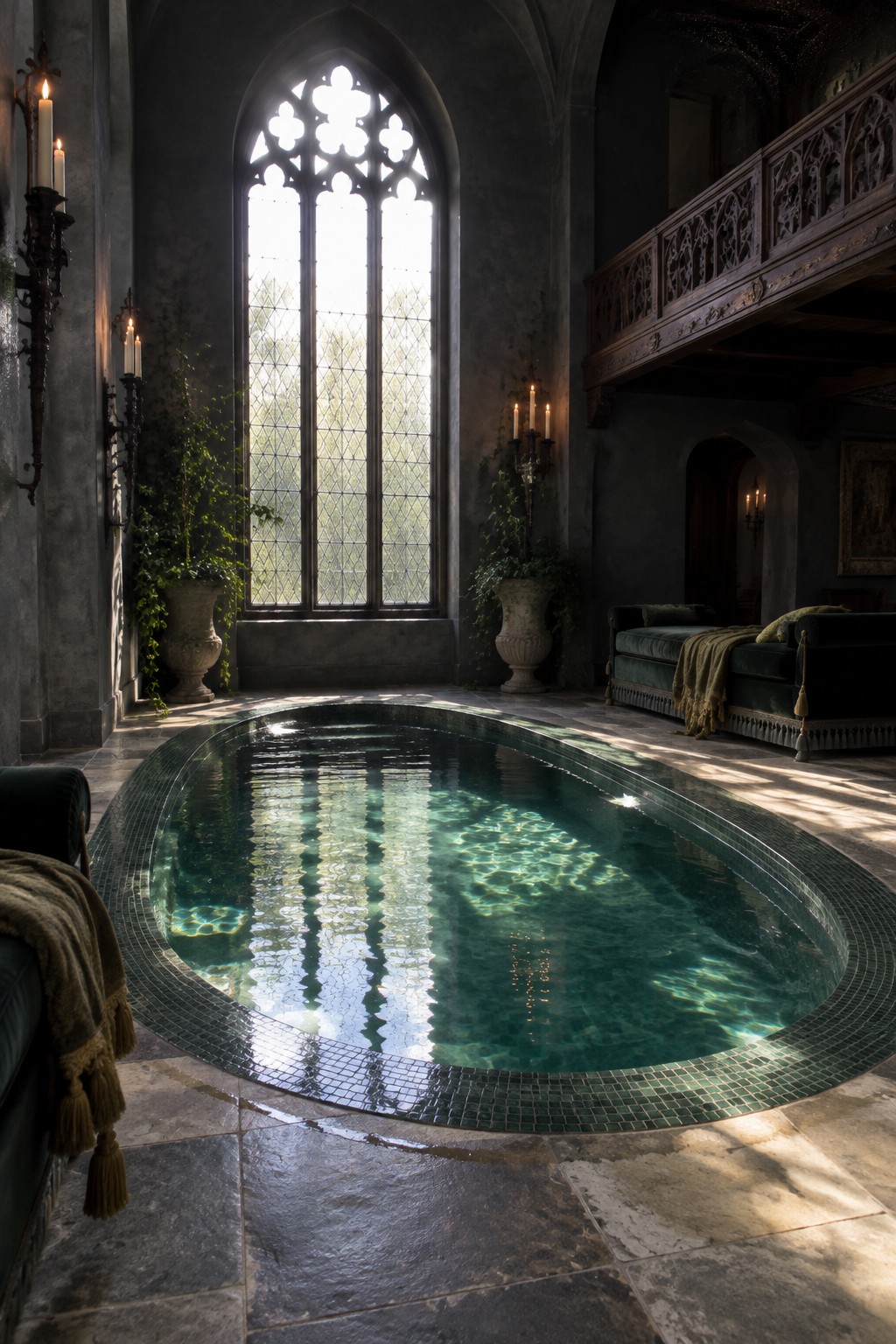 A large indoor pool in a stone-walled hall with a tall arched leaded-glass window and dark green seating along the sides.