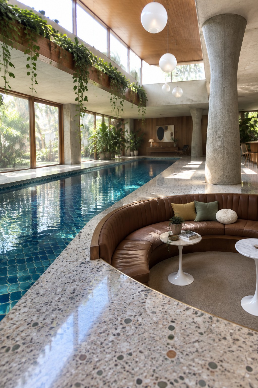 An indoor swimming pool with a curved brown leather banquette seating area positioned directly along the pool edge in a double-height concrete space with hanging plants and large windows.