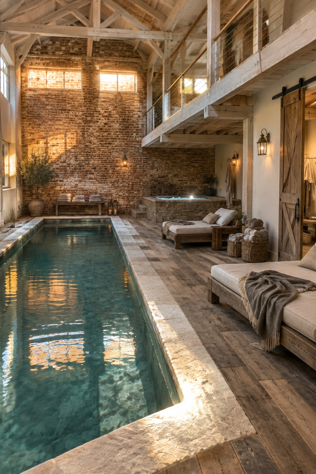 Rustic indoor pool in brick barn with hot tub, wooden lounges and loft