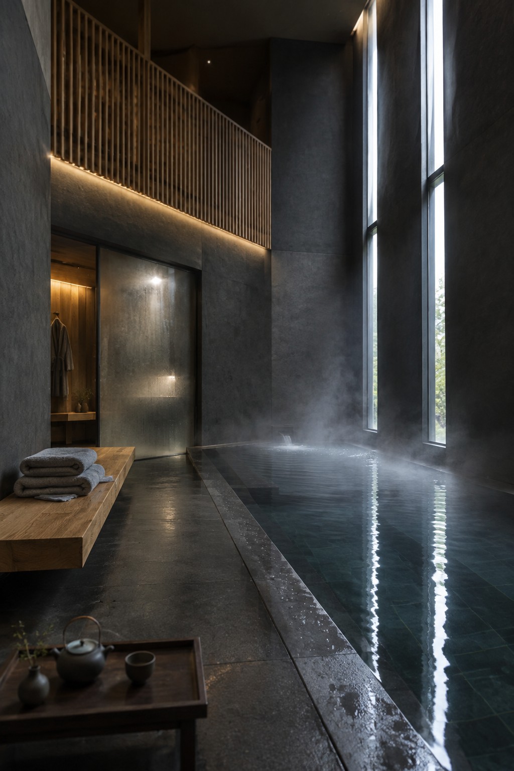 A long indoor pool room with dark stone walls, a wooden bench with folded towels, a wooden balcony above, and tall windows along one side.