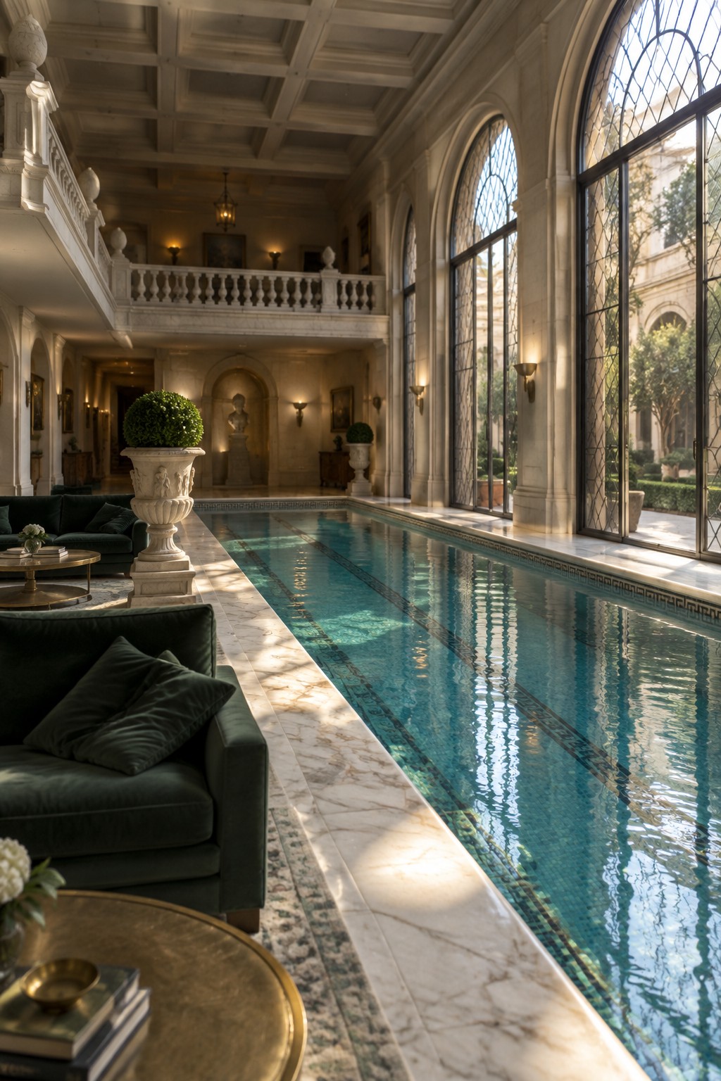 A grand indoor pool room featuring a long rectangular pool with mosaic tile borders, marble flooring, dark green velvet seating, a second-floor balcony with stone railing, and tall arched windows.