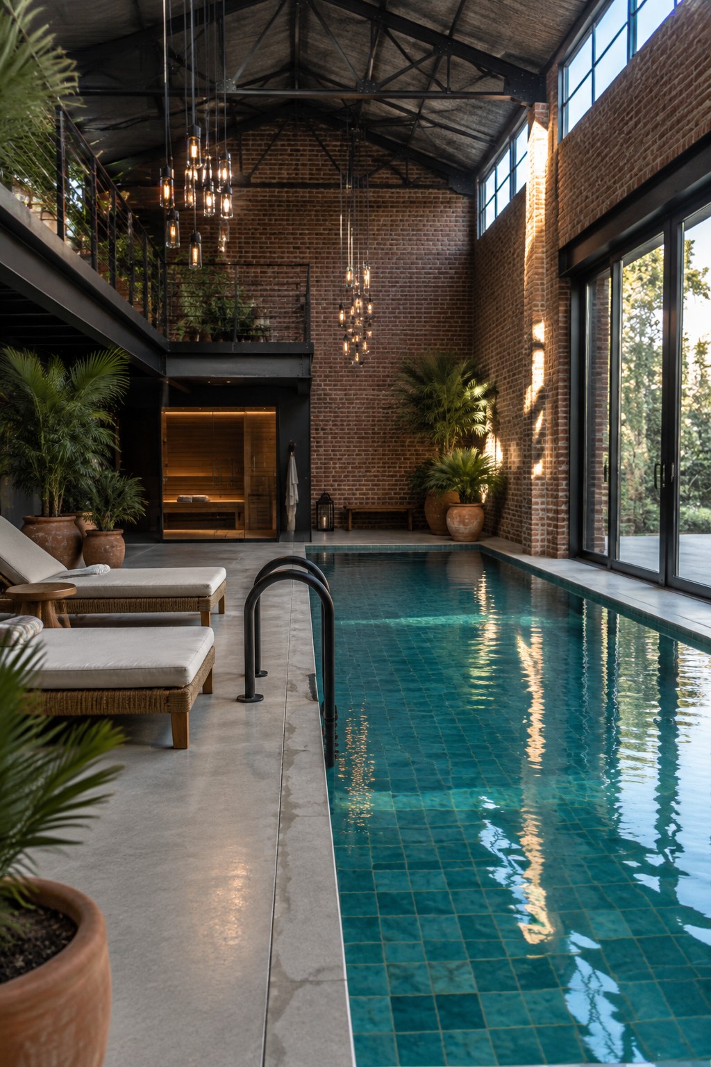 Indoor pool with turquoise water, lounge chairs, potted palms, and exposed brick walls.