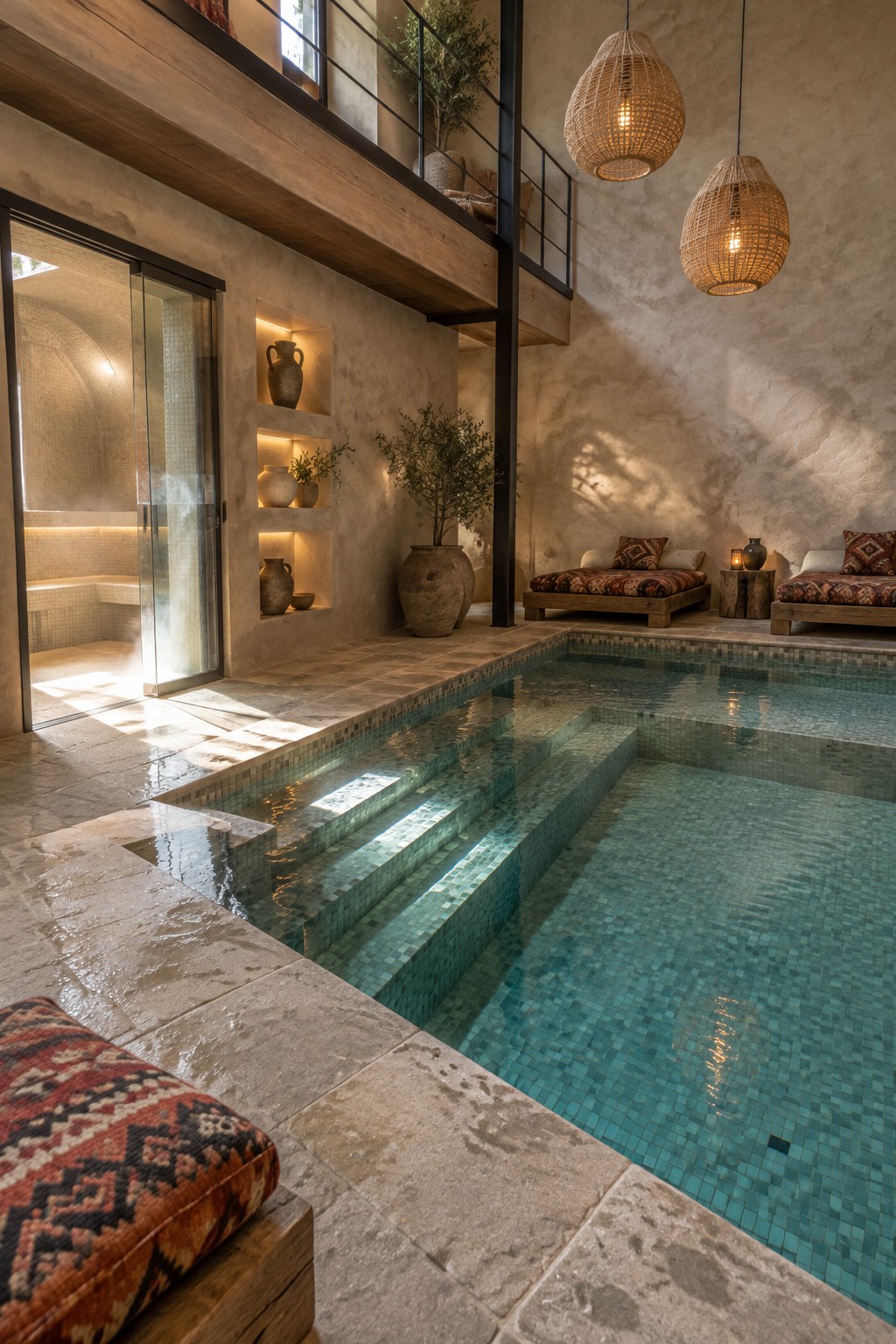 Interior view of a double-height indoor pool room with stone walls, a turquoise mosaic pool, wooden mezzanine above, and woven pendant lights.