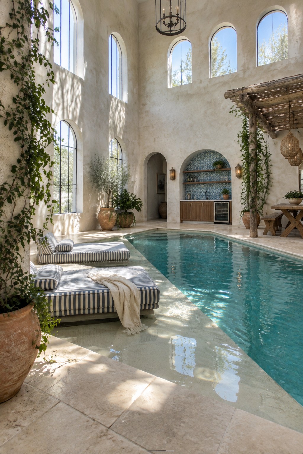 A double-height indoor pool room with tall arched windows on multiple levels, striped lounge chairs along the pool edge, and large terracotta pots with greenery.