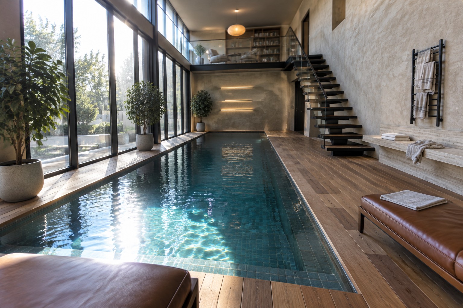 A long indoor lap pool with blue-green tiles in a double-height room with tall windows on the left side and a floating staircase in the background.