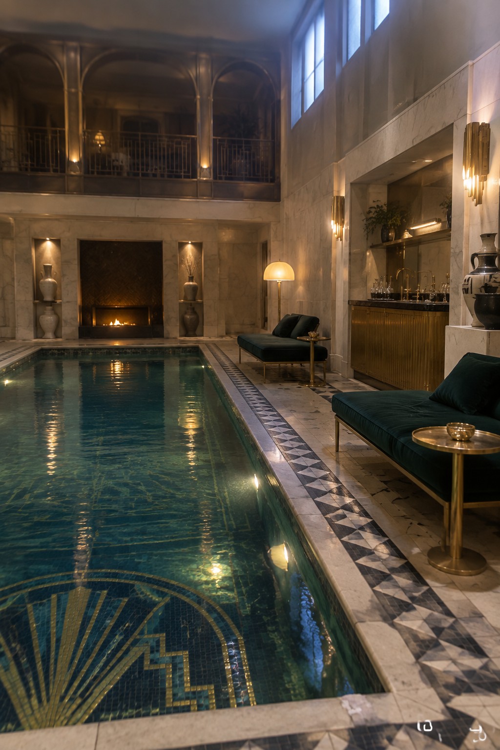 A long indoor pool in a marble-walled room with a recessed fireplace at the far end, a second-floor balcony, and dark green lounge seating along the right side.
