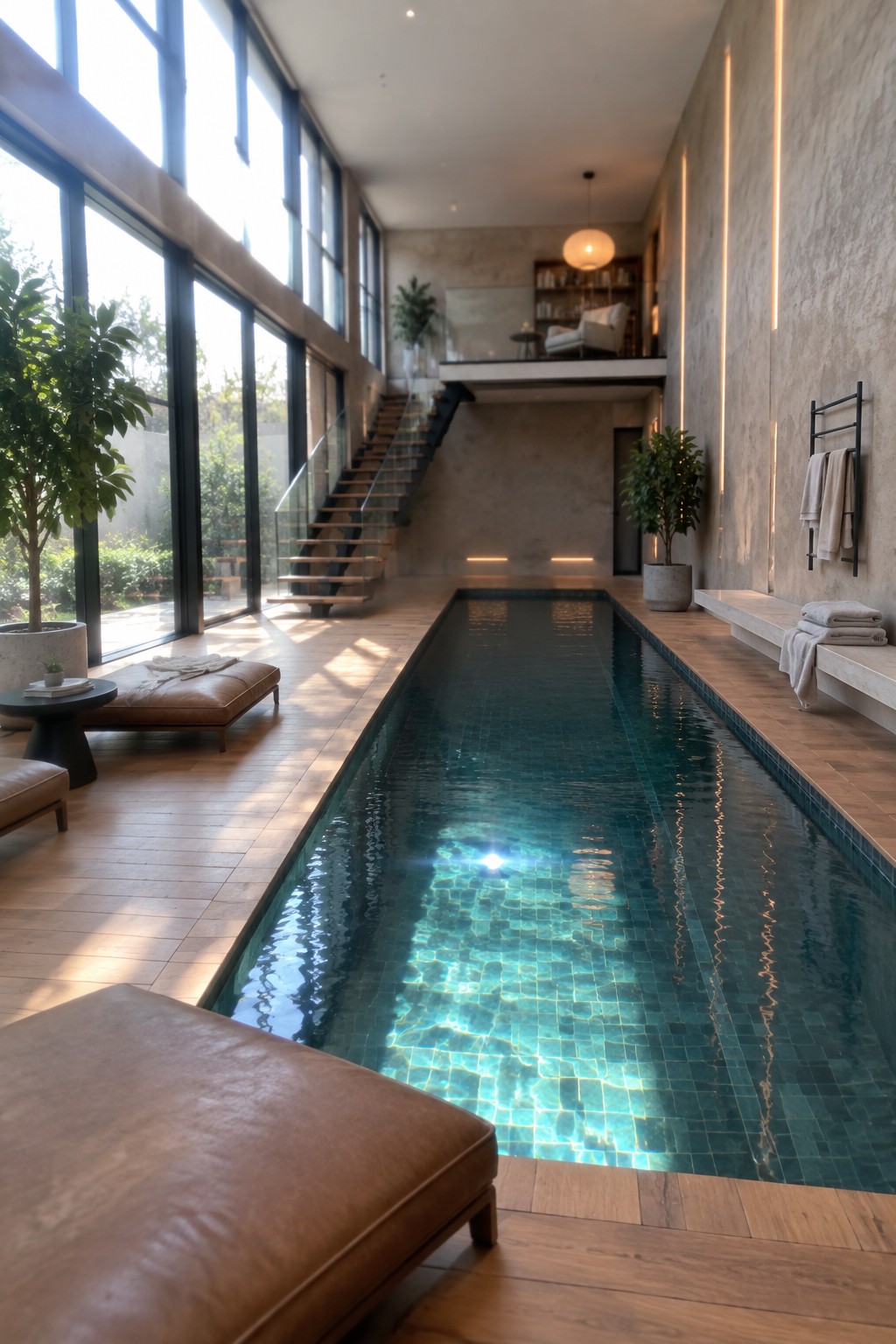 A long indoor lap pool with blue-green tiles in a double-height room with tall windows on the left side and a floating staircase in the background.