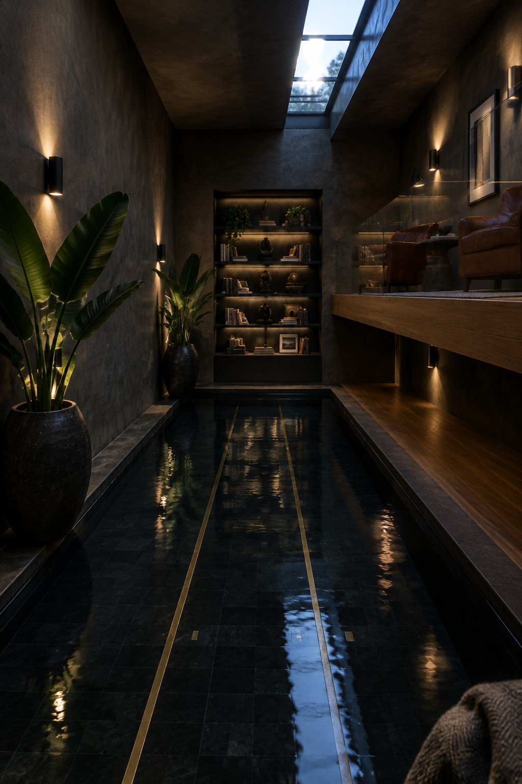 Dark tiled indoor pool with potted plants, lit bookshelves, and leather armchairs under skylight