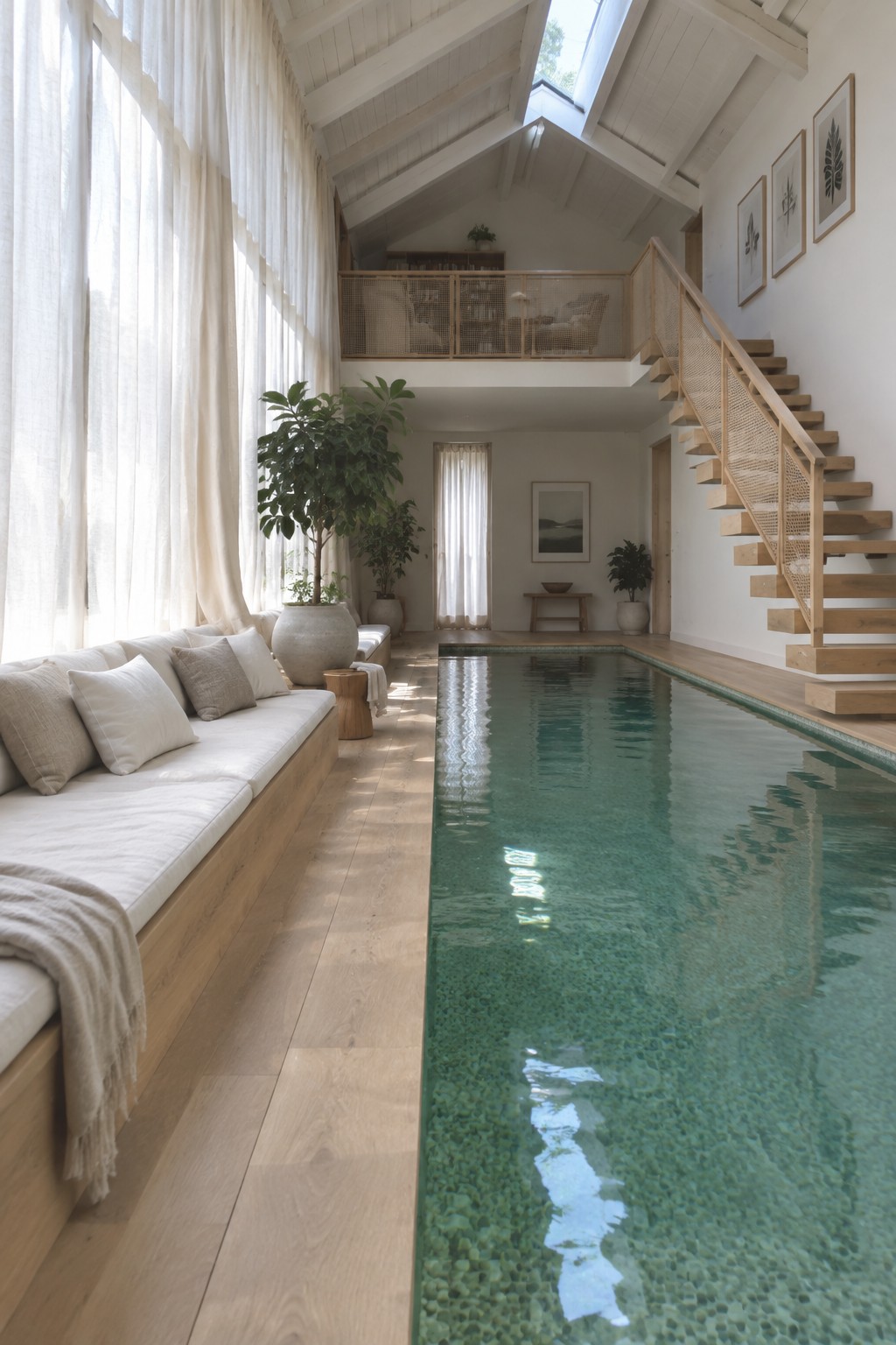 Minimalist interior with long turquoise pool, wooden daybed, staircase, and plants
