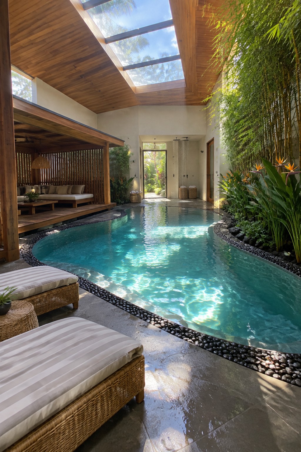 An indoor lap pool beneath a wooden ceiling with large skylights, surrounded by stone decking, woven lounge chairs, and tall tropical plants.