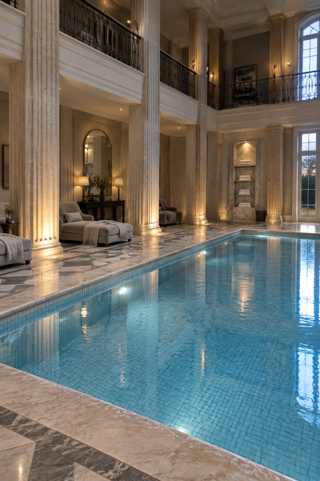 A long indoor pool in a double-height marble room lined with tall stone columns and a dark metal balcony above.