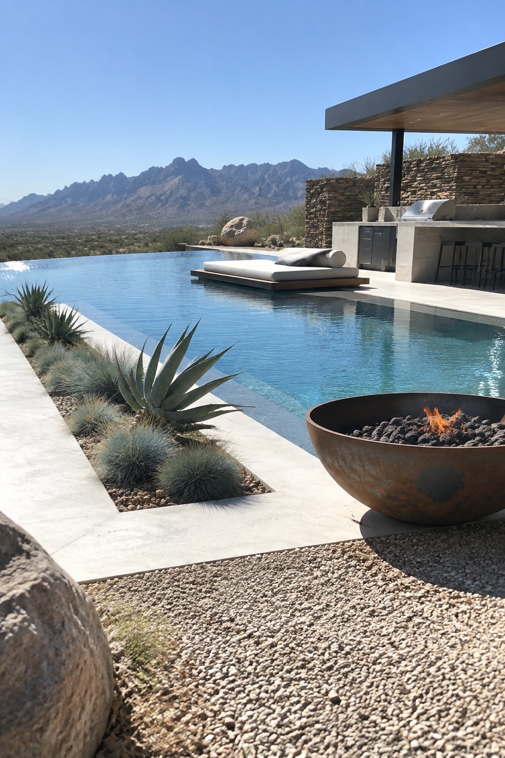 16 Dramatic Infinity Pool Designs With Mountain Views An infinity pool with a metal fire pit on gravel in the foreground, a concrete pool deck, an outdoor kitchen with bar stools, desert plants along the edge, and mountains in the distance.