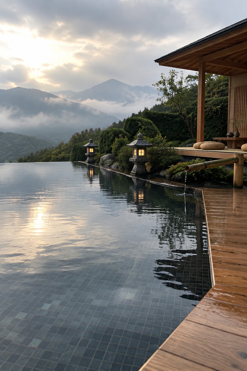 16 Dramatic Infinity Pool Designs With Mountain Views An infinity pool with dark mosaic tiles, a wooden deck, stone lanterns, and a bamboo water spout, overlooking misty mountains at dusk.