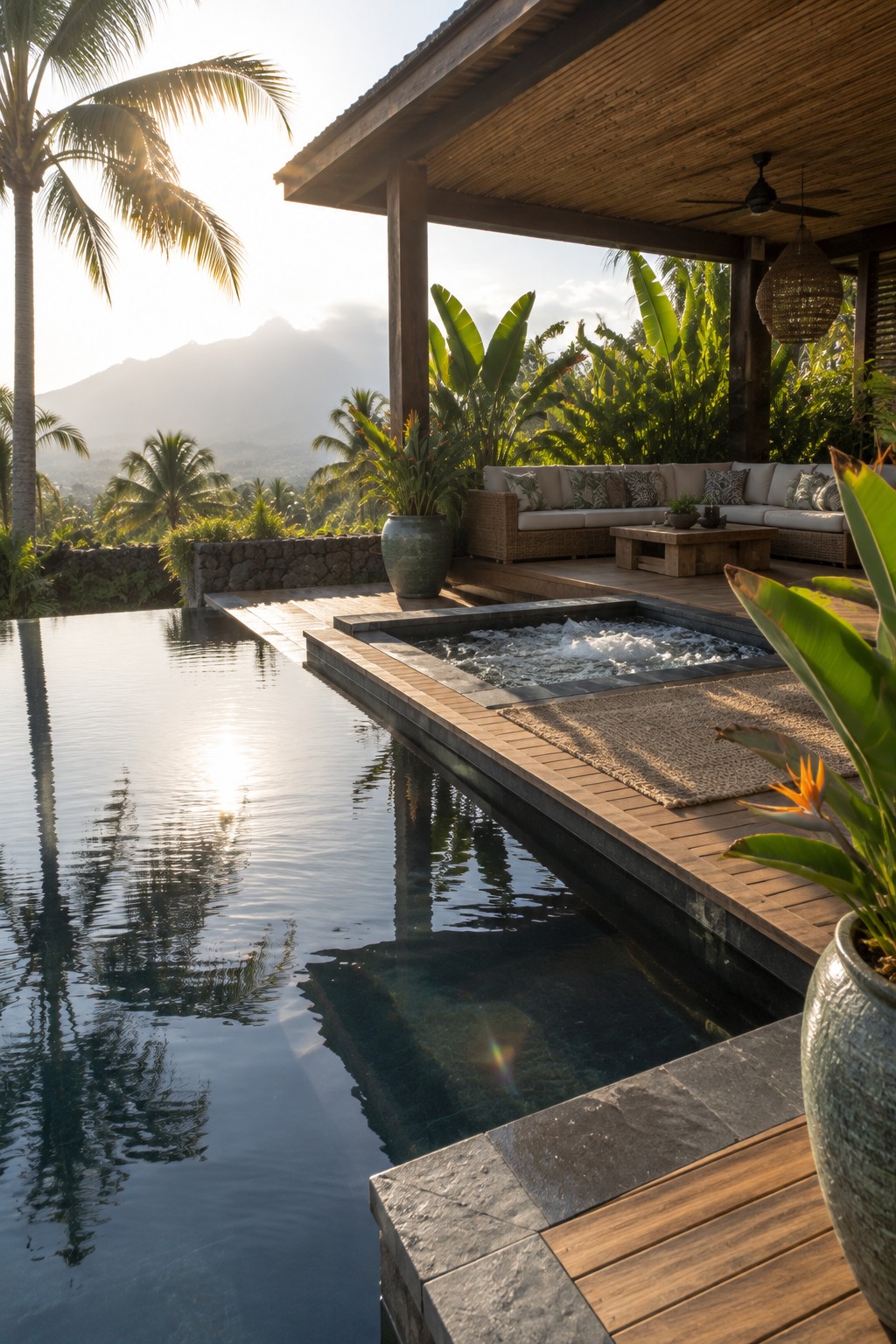 16 Dramatic Infinity Pool Designs With Mountain Views Luxury infinity pool with bubbling hot tub on wooden deck overlooking tropical mountains at sunset.