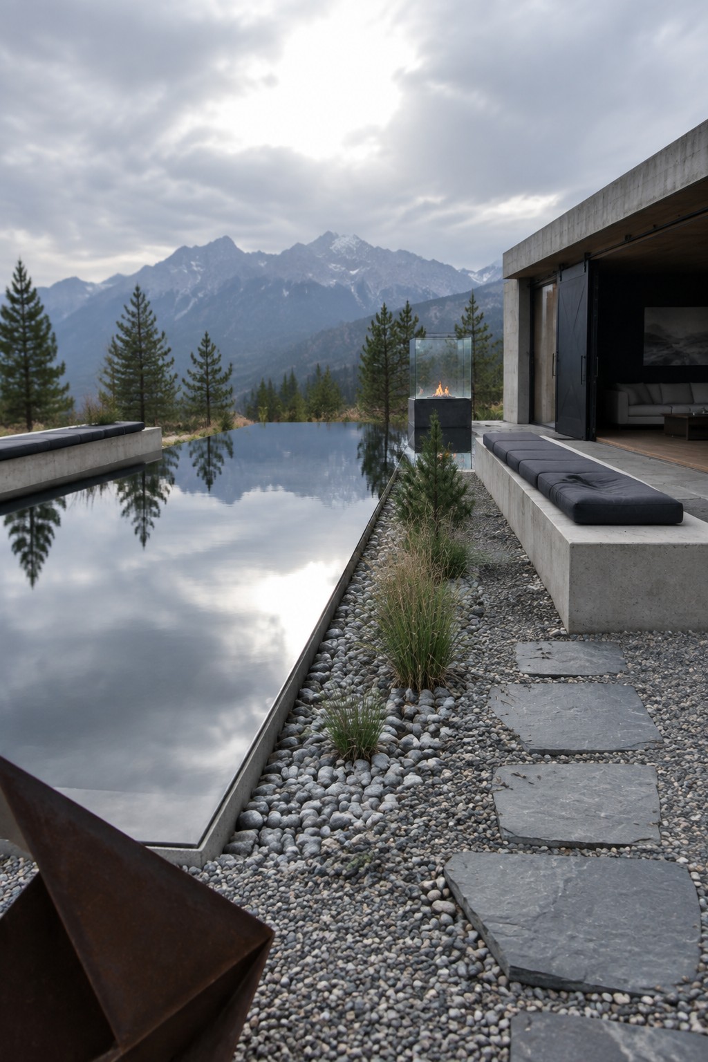 16 Dramatic Infinity Pool Designs With Mountain Views A modern infinity pool with a long concrete bench and dark cushions along one edge, a glass fire feature on a gravel strip, and stepping stones leading toward a concrete house with mountains in the background.