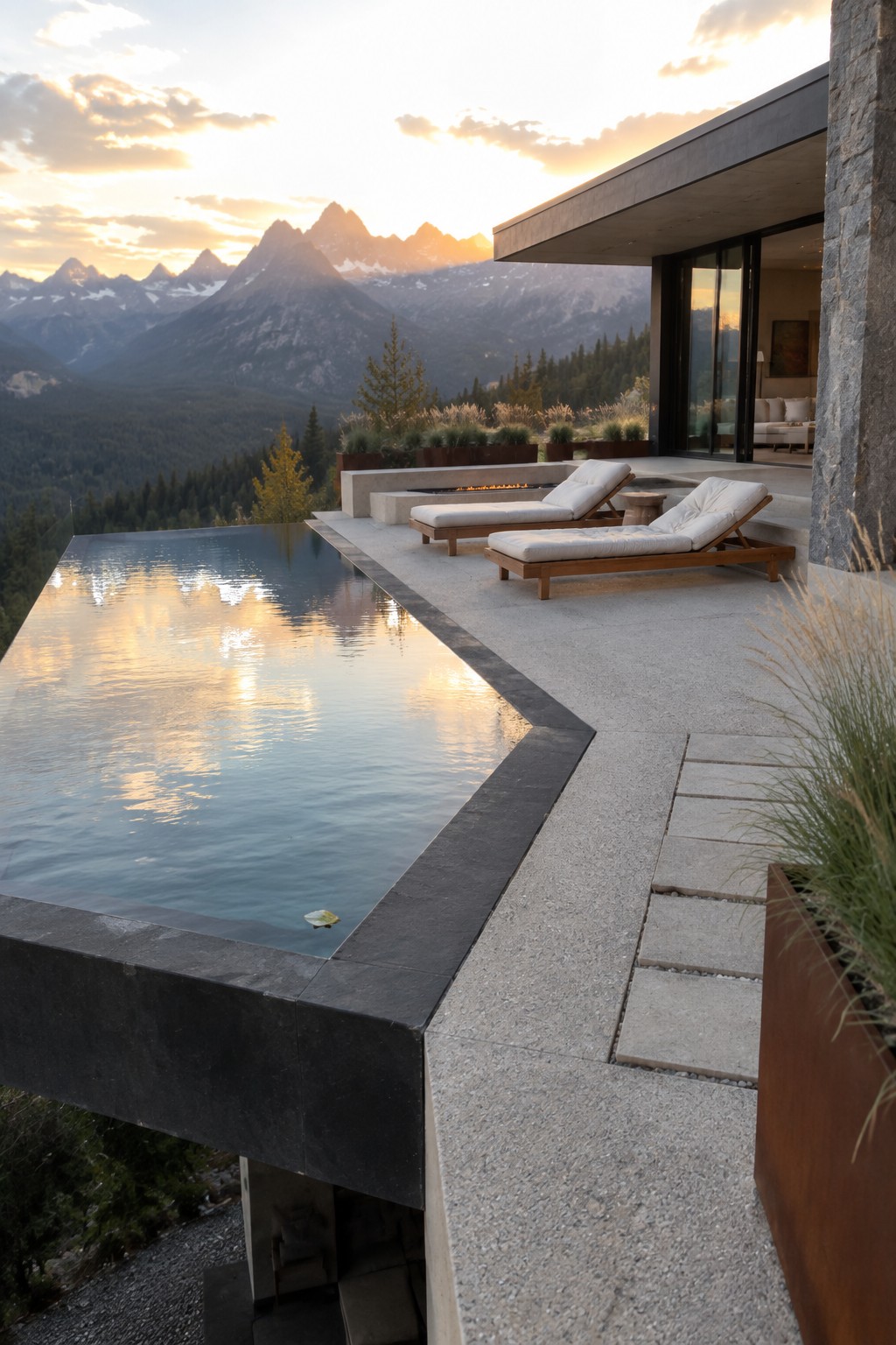 16 Dramatic Infinity Pool Designs With Mountain Views A cantilevered infinity pool with a dark stone edge extends from a concrete patio beside a modern house, with two lounge chairs and mountain peaks visible at sunset.