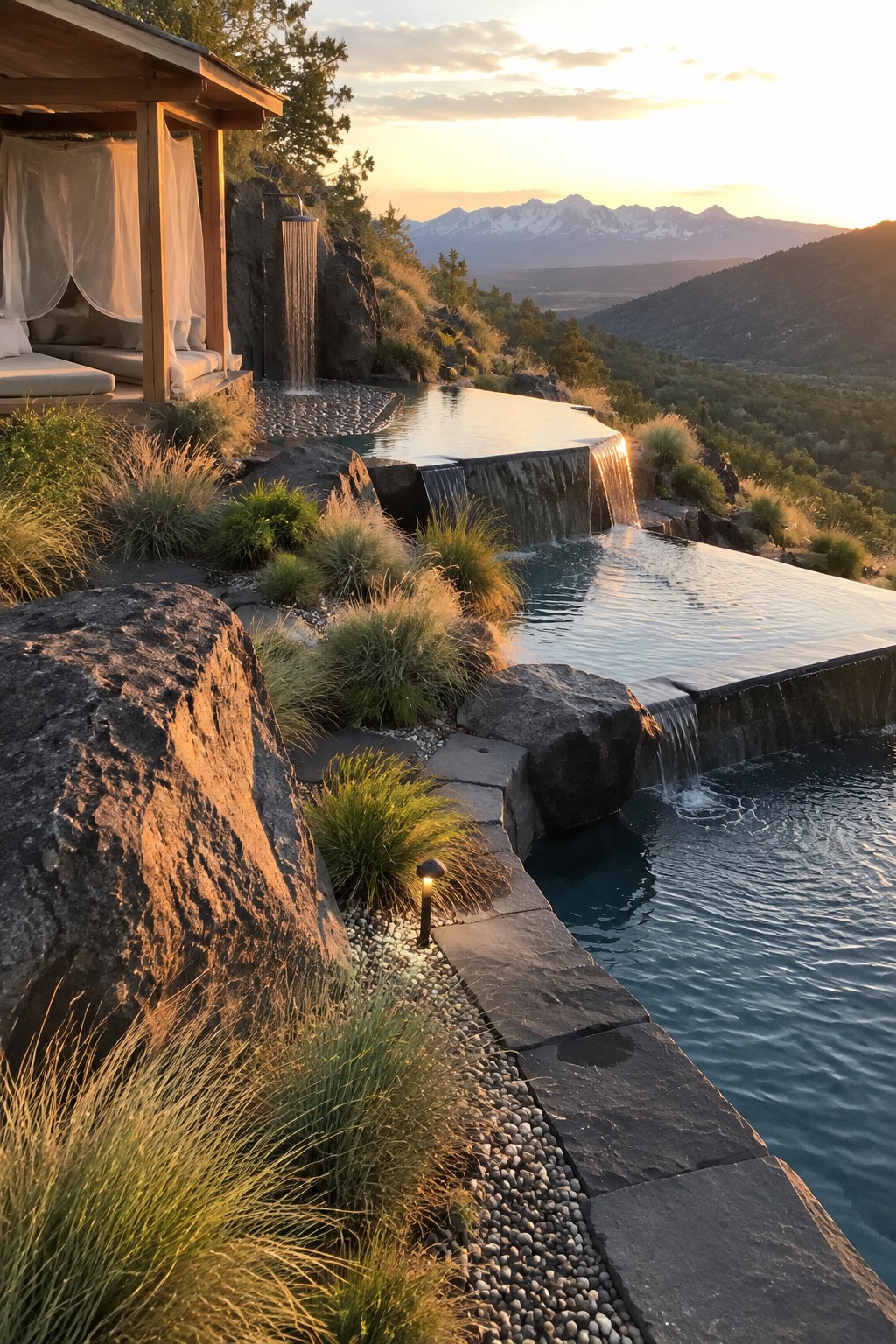 16 Dramatic Infinity Pool Designs With Mountain Views An infinity pool with multiple cascading water edges over dark rocks, native grasses, a wooden cabana with curtains, and distant mountain views at sunset.