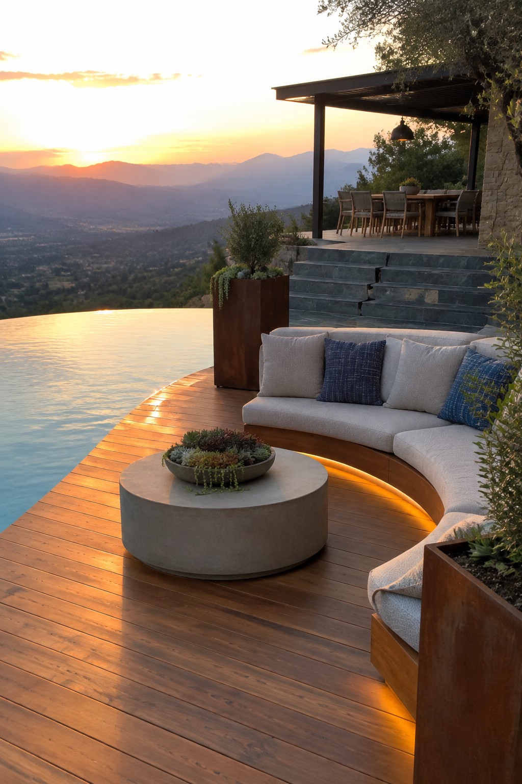16 Dramatic Infinity Pool Designs With Mountain Views A curved light-colored sectional sofa with pillows sits on a wooden deck beside an infinity pool, with a round concrete table holding succulents and steps leading to a dining area under a pergola at sunset.