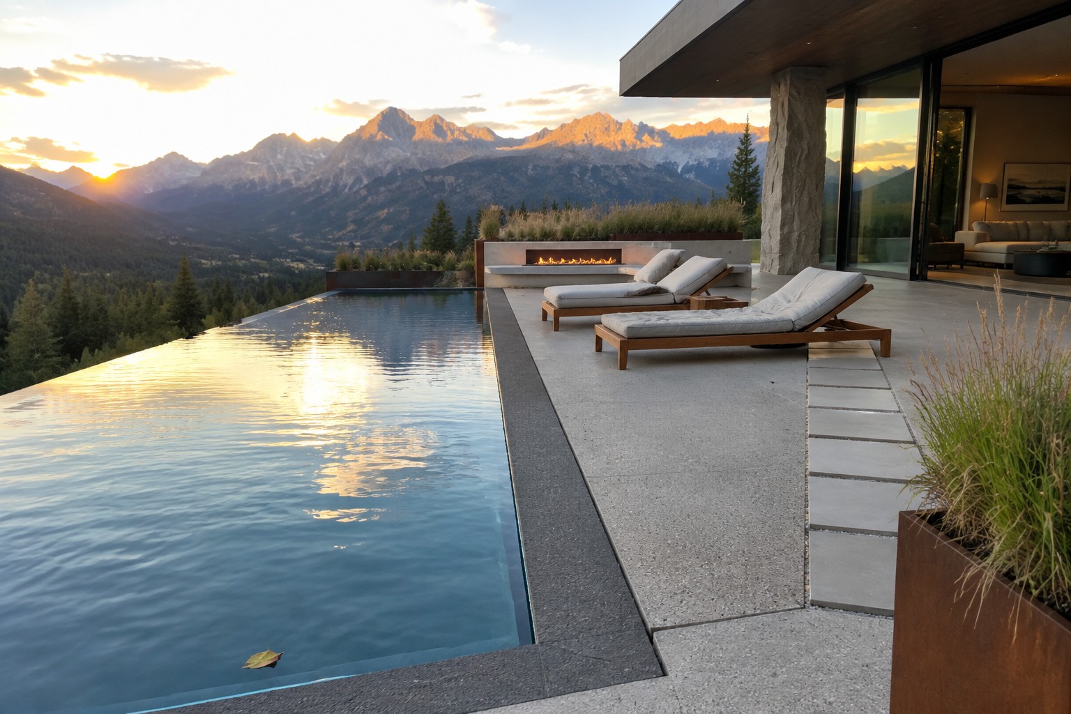 A cantilevered infinity pool with a dark stone edge extends from a concrete patio beside a modern house, with two lounge chairs and mountain peaks visible at sunset.